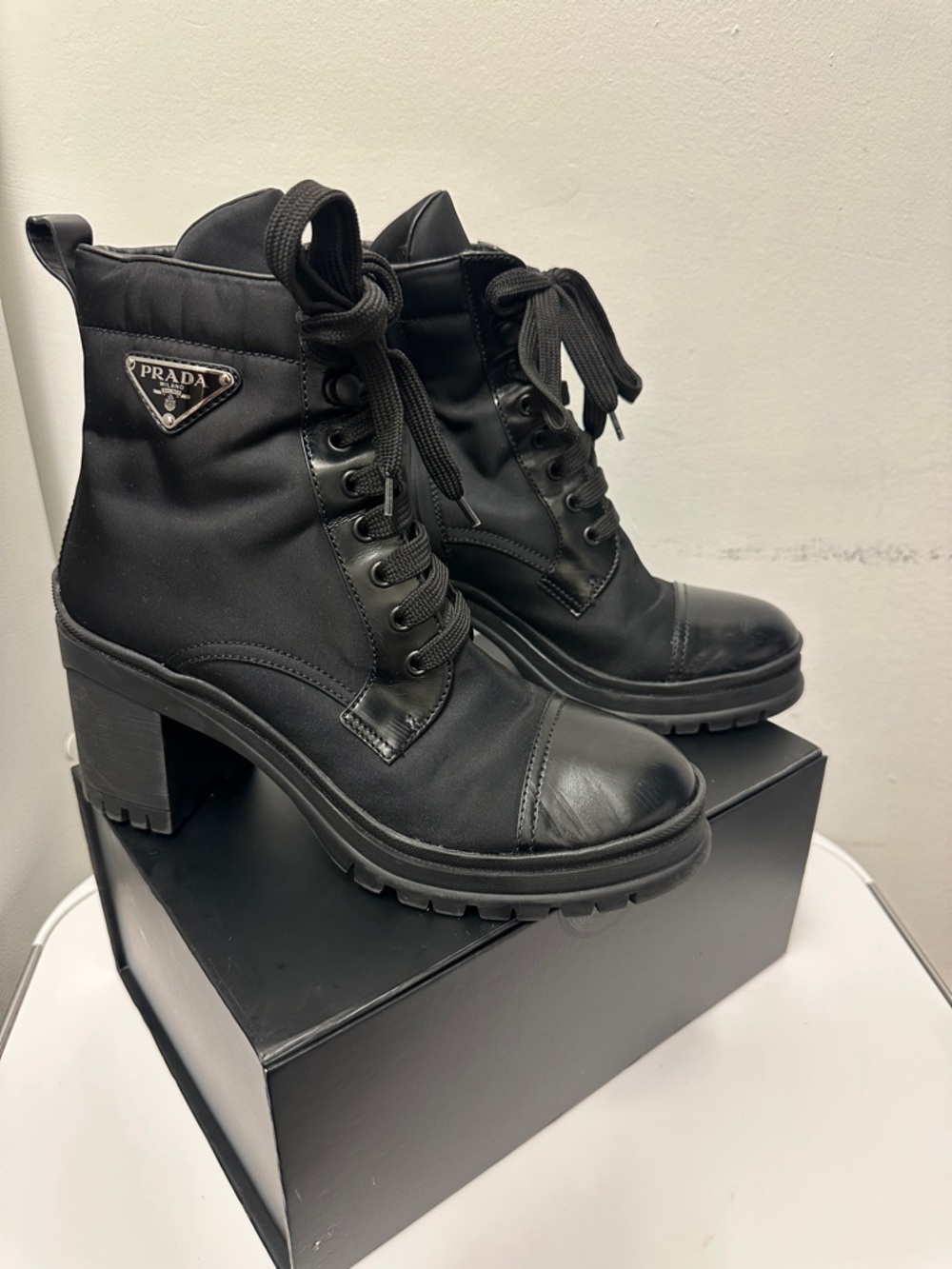 Prada Re-Nylon & Leather Booties Black Lace-Up Platform Ankle Boots, Women (8.5) - Picture 4 of 16